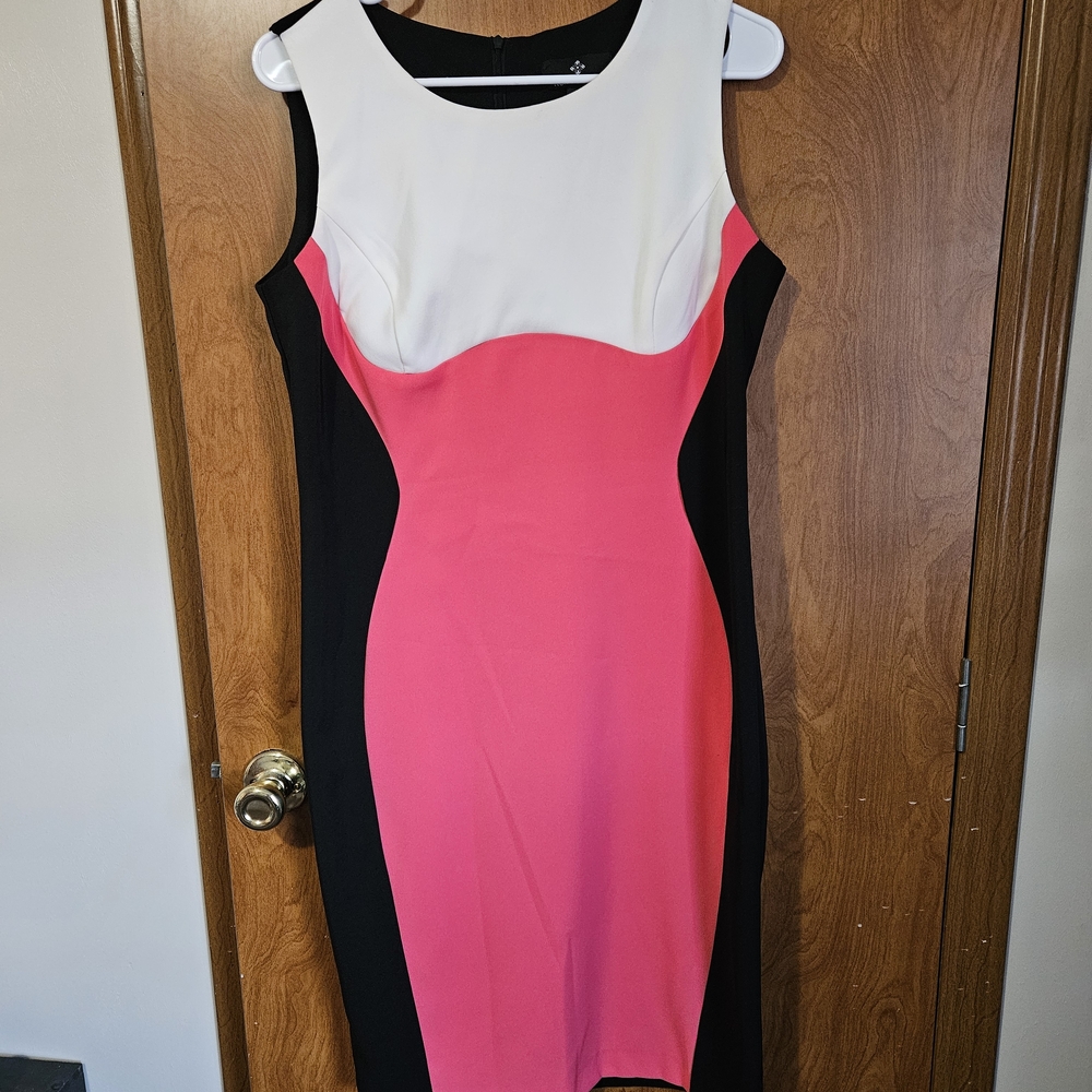 Ronni Nicole White, Pink, and Black Midi Dress